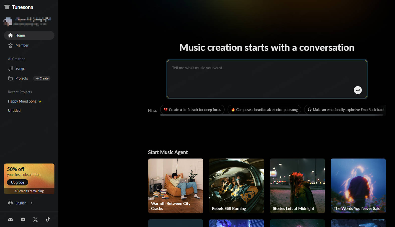Tunesona AI Music Agent website