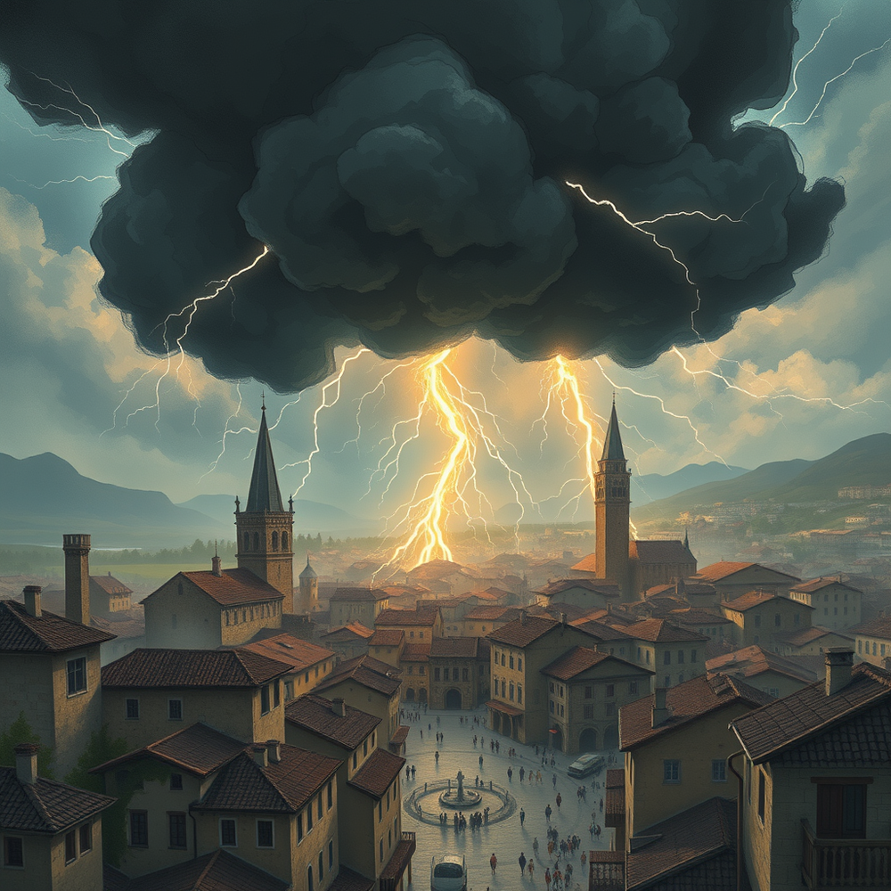 una nuvola nera che spara fulmini su una citta medeviale website