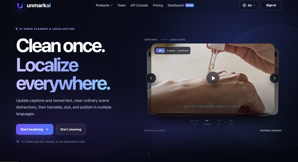 UnMarkAI - Remove subtitles first. Translate video, dub, and lip sync for every market website