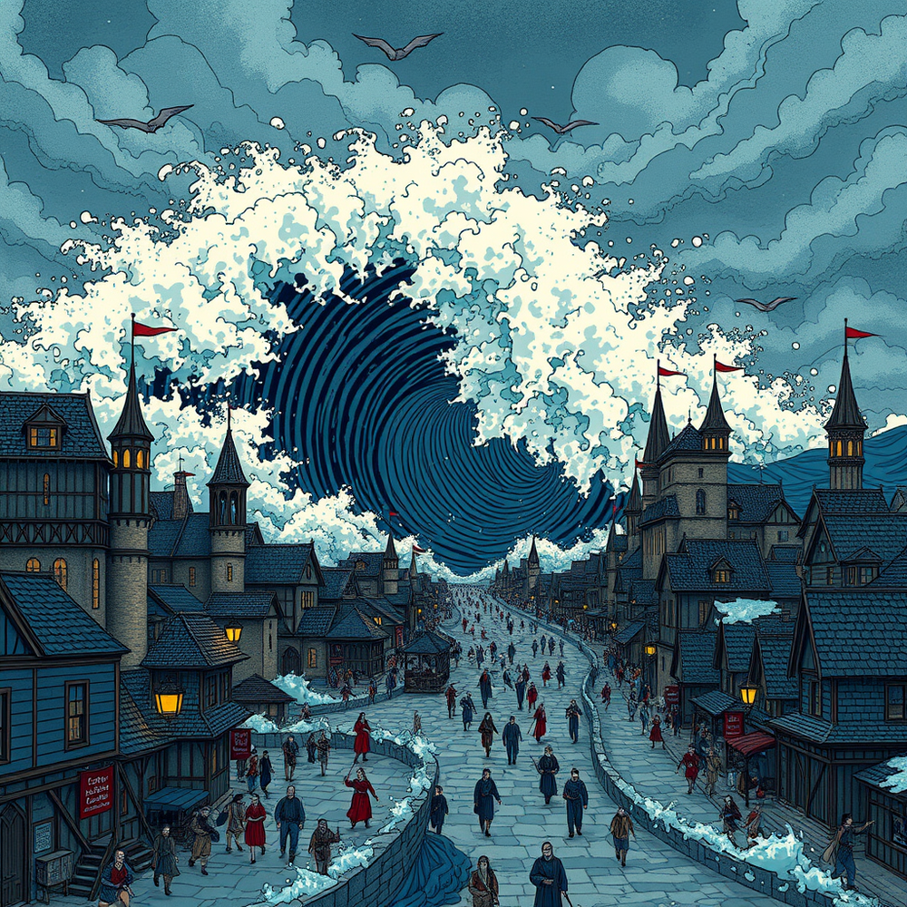 uno tsunami che inonda una città medievale website