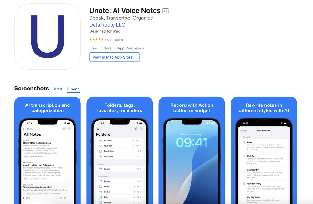 Unote: AI Voice Notes website