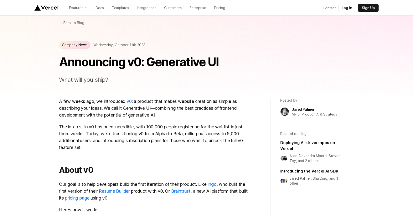 V0 Generative UI website