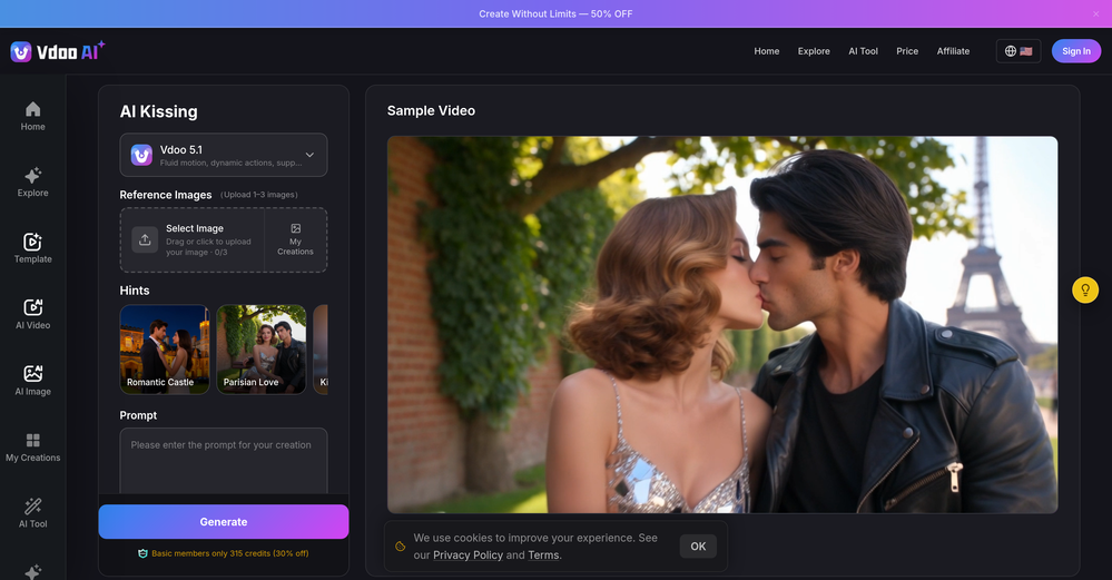 Vdoo AI | Kissing Generator website