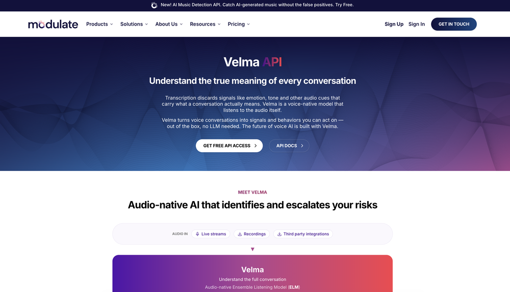 Velma API by Modulate website