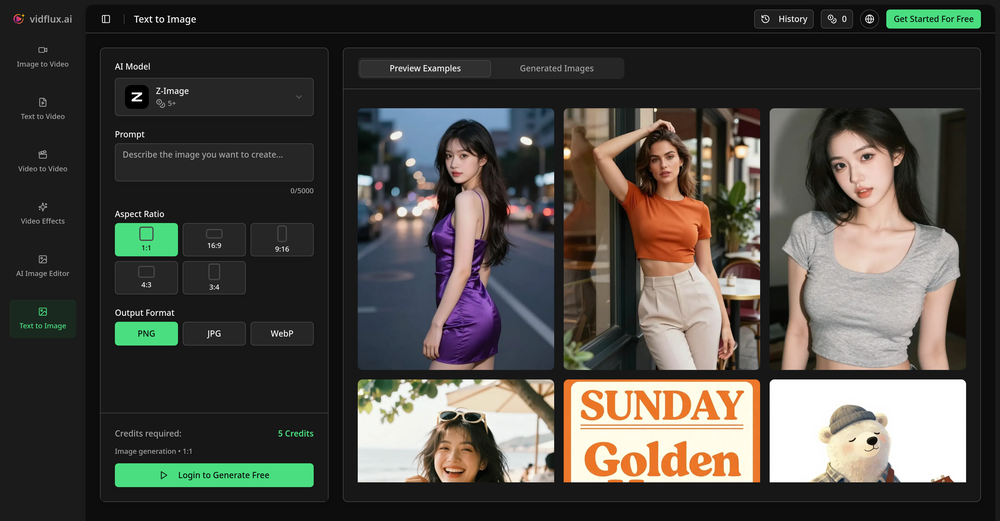 VidFlux Text to Image AI website