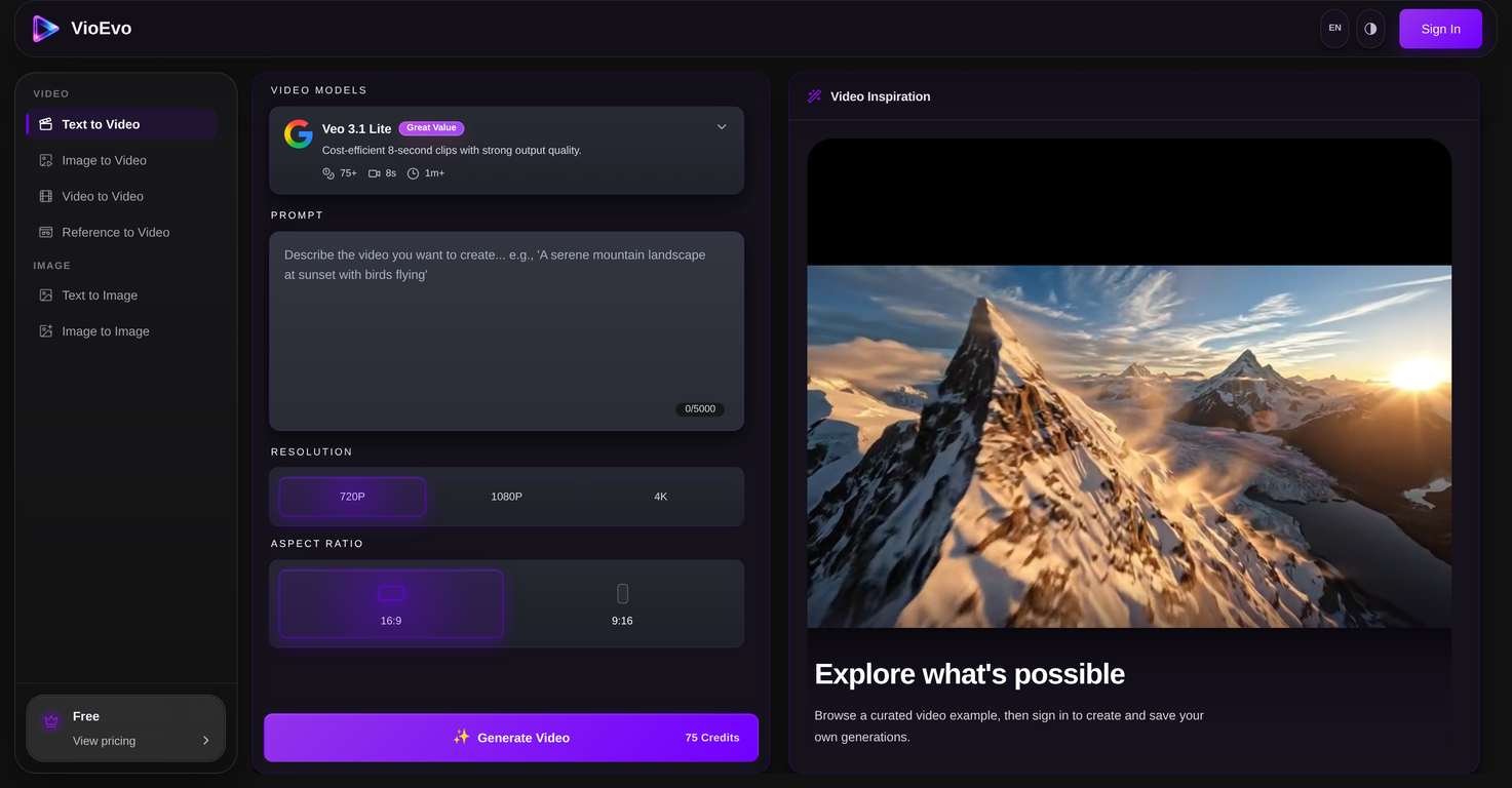 VioEvo | AI Text to Video Generator website