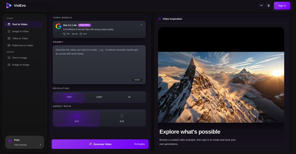 VioEvo | AI Text to Video Generator website