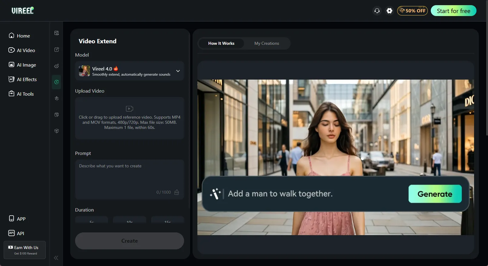 Vireel AI Video Extender website