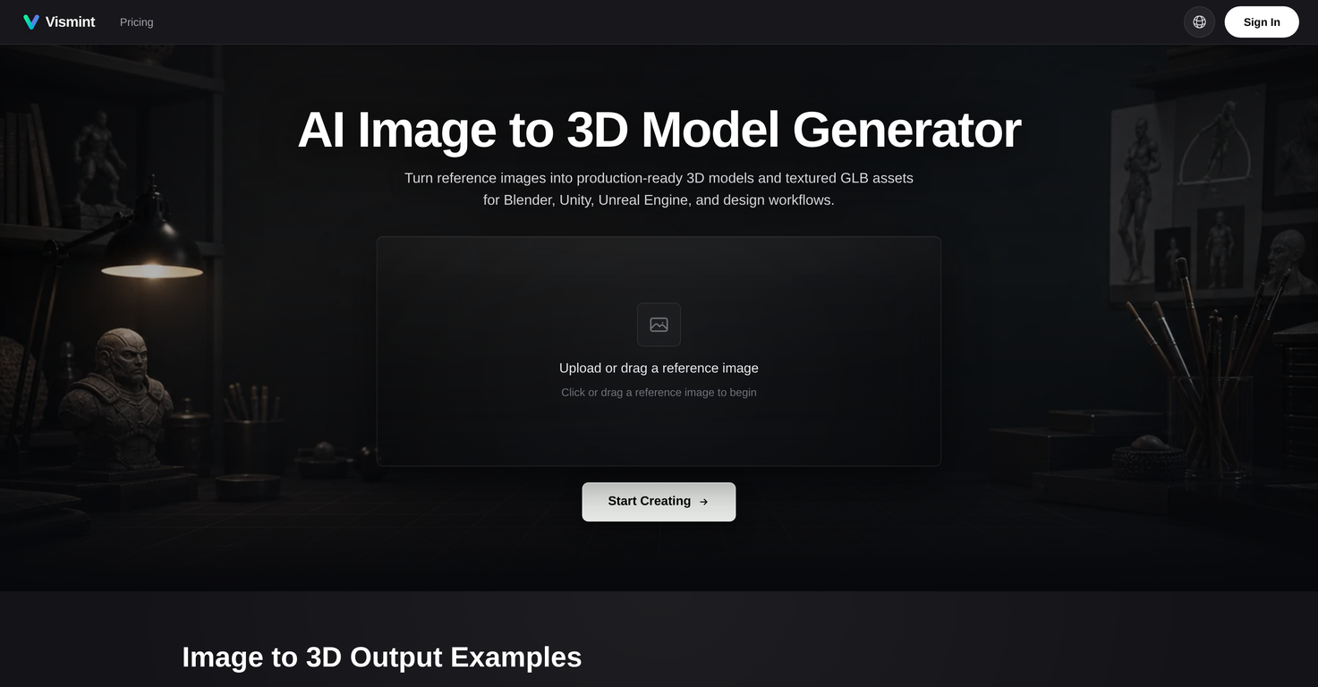 Vismint - AI Image to 3D Model Generator website