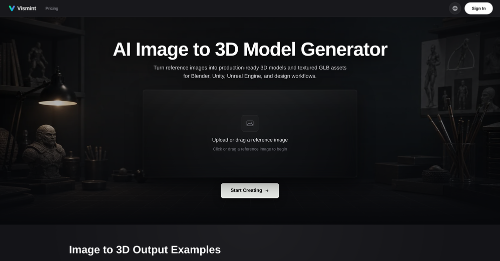 Vismint - AI Image to 3D Model Generator website