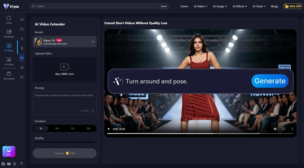 Viyou AI Video Extender website