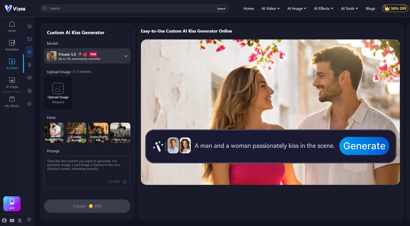 Viyou AI Kiss Generator website