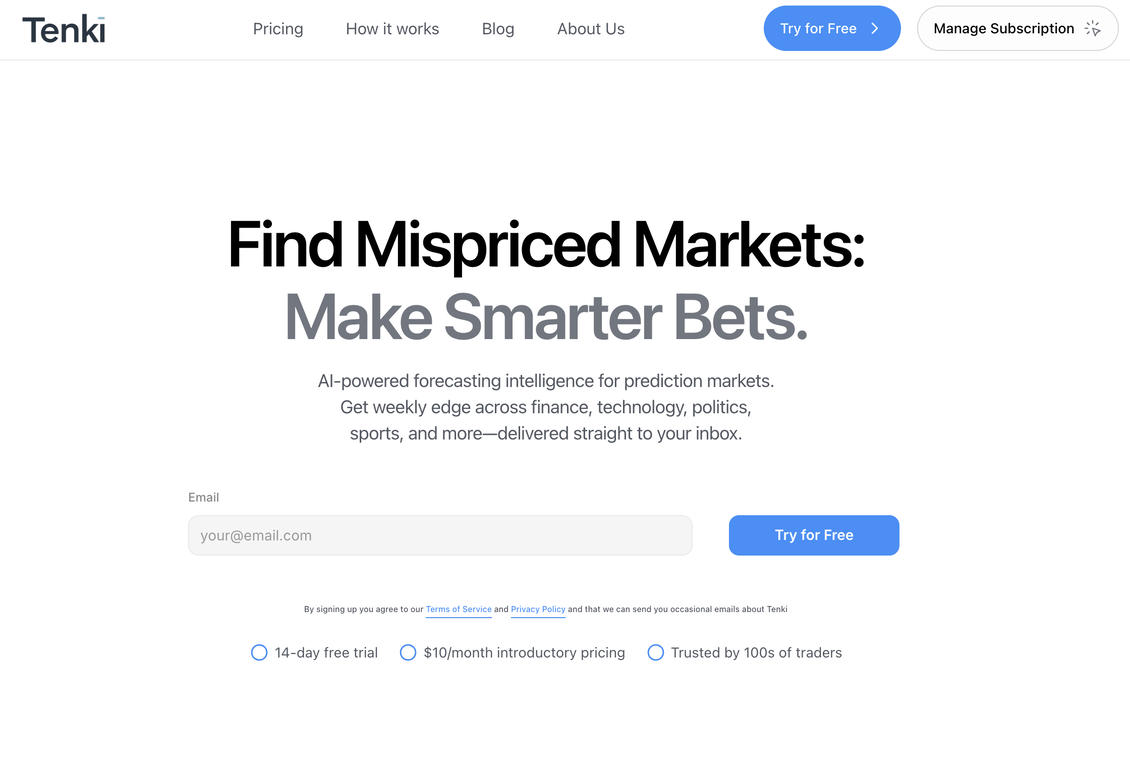 Tenki: AI Forecasting for Prediction Markets website
