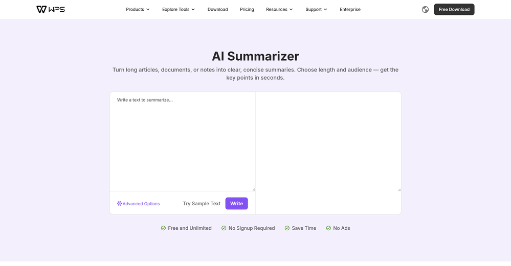 WPS | AI Summarizer website