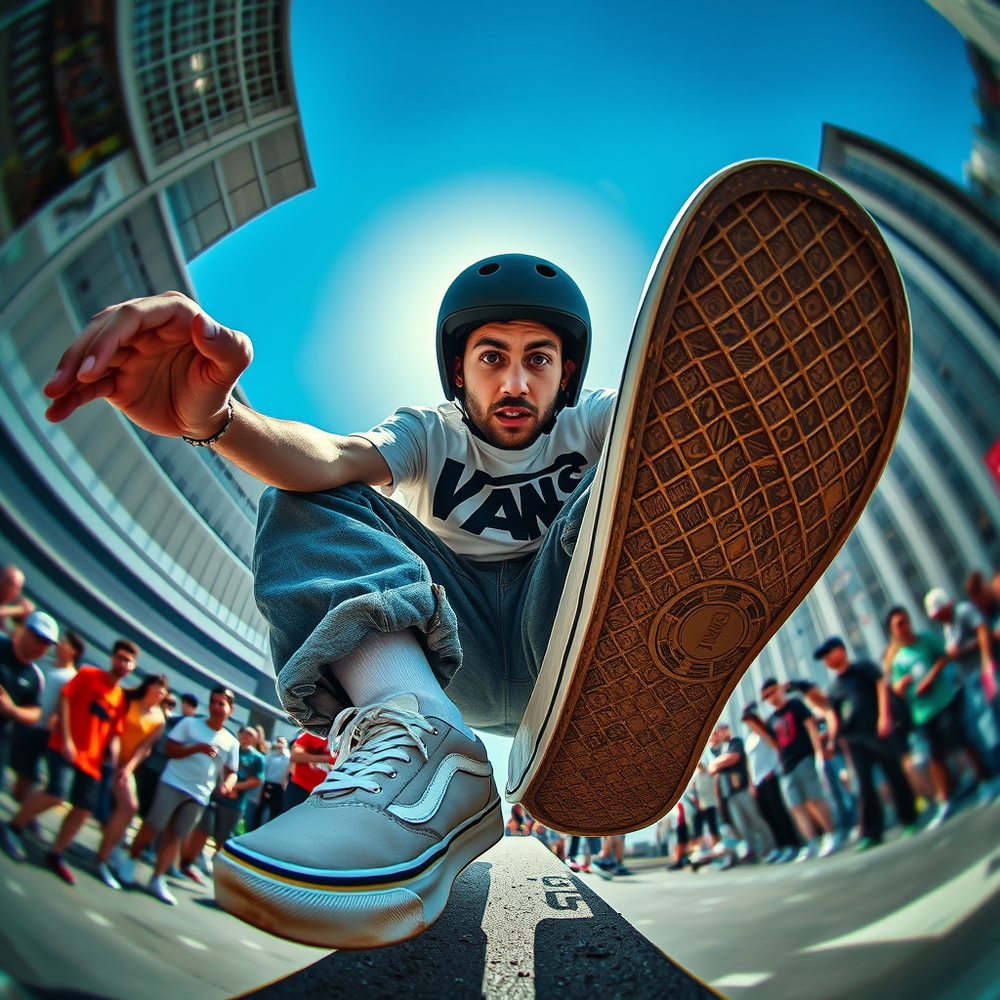 Yourself in fish-eye lens from a lower perspective of a sporty skateboarder website