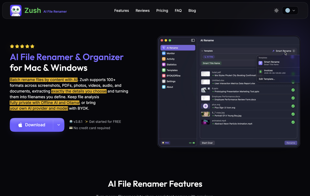 Zush AI File Renamer & Organizer website